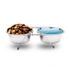 23494 - Comedouro/ Bebedouro C/ Tigela Inox Suspenso Antiderrapante P/ Cães Pequenos - 350ml