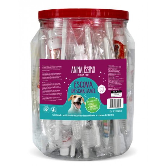 Pote Escova Descartavel Saude Bucal P/ Cães e Gatos Animalissimo - 40 Unidades