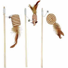 34392 - Kit C/ 3 Varinhas De Madeira Brinquedo P/ Gatos C/ Sisal e Pena